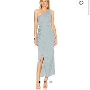 NWT favorite daughter slate blue polka dot one shoulder dress size 8